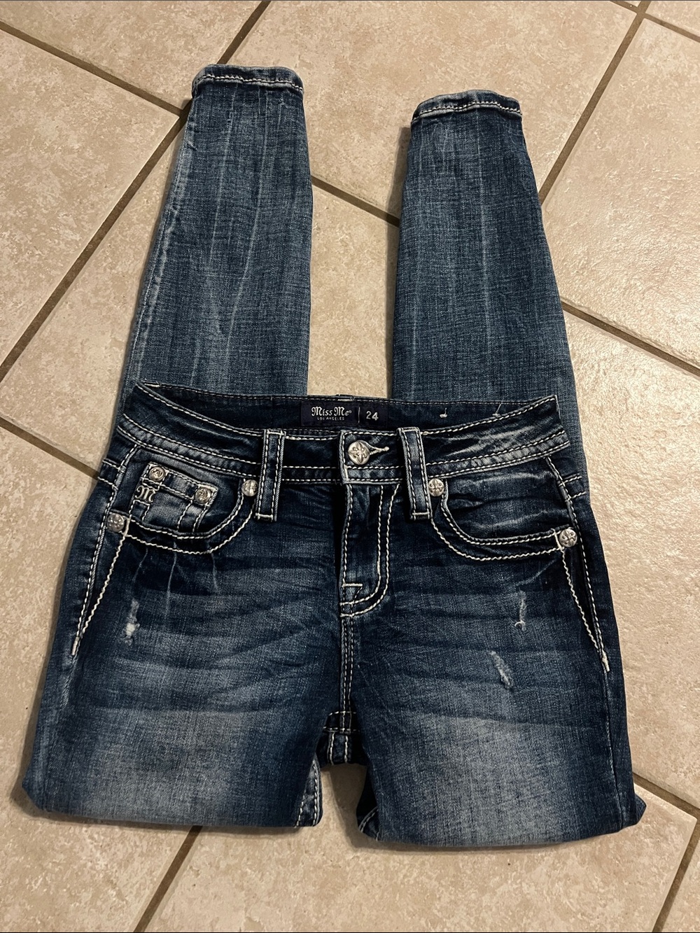 Miss Me Indigo Blue Skinny Jeans with White Contrast Stitching